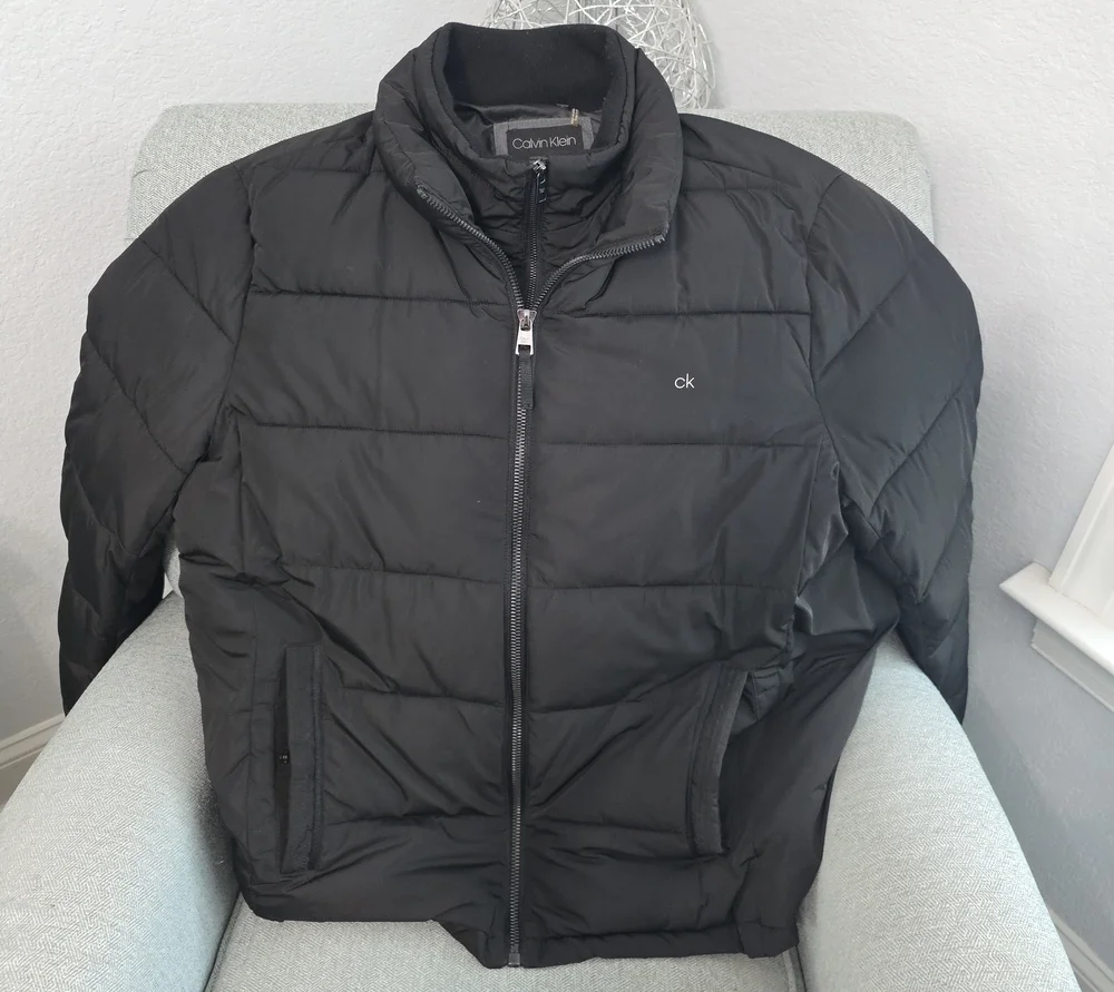 Calvin Klein Men's Black Dual Zipper Winter Quilted Puffer Jacket with CK Logo